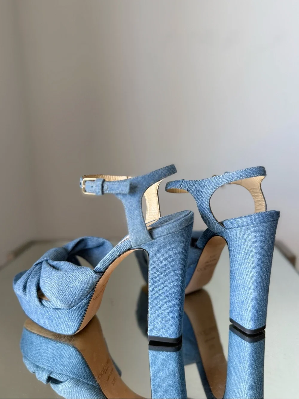 Like new JIMMY CHOO Heloise 120 Knotted Denim Platform Sandals $995 36.5